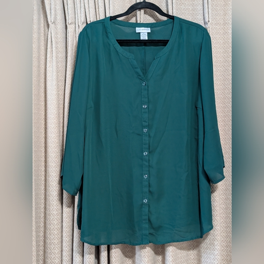 Women's Size 1X Catherine's Button Down 3/4 Sleeve Green Blouse